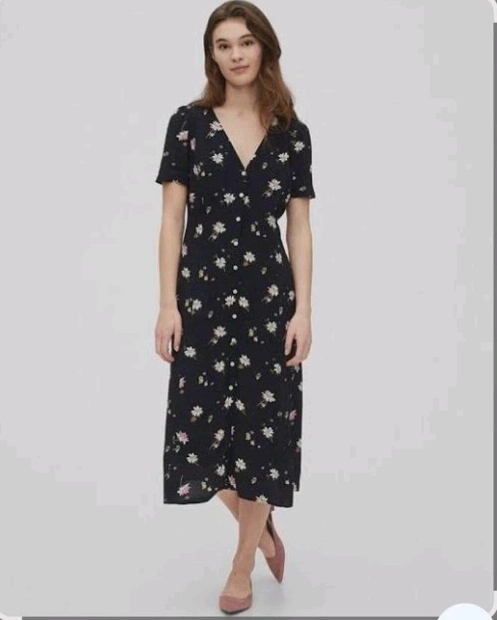 Vintage 90s GAP Button Front Navy Blue Floral Daisy Midi Dress Whimsigoth XS 2
